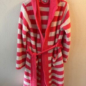 Casual Moments Pink and‎ White Hooded Striped Bathrobe w/belt womens size smal